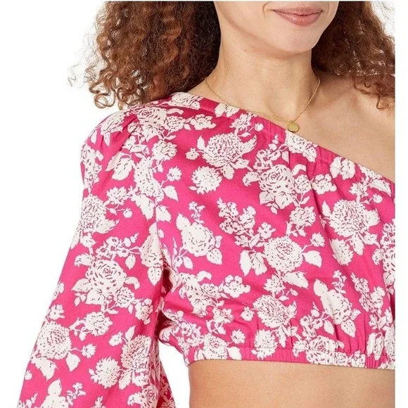 The Drop Anupa One Shoulder Puff Sleeve Crop Top Women's Small Hot Pink Floral - Picture 3 of 6